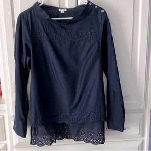 J.Crew button shoulder eyelet trim navy blue, LS cotton shirt.  size 12